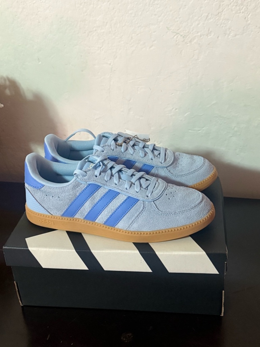 adidas Originals Light Blue Suede Sneakers with Blue Stripes and Gum Sole - Picture 10 of 13
